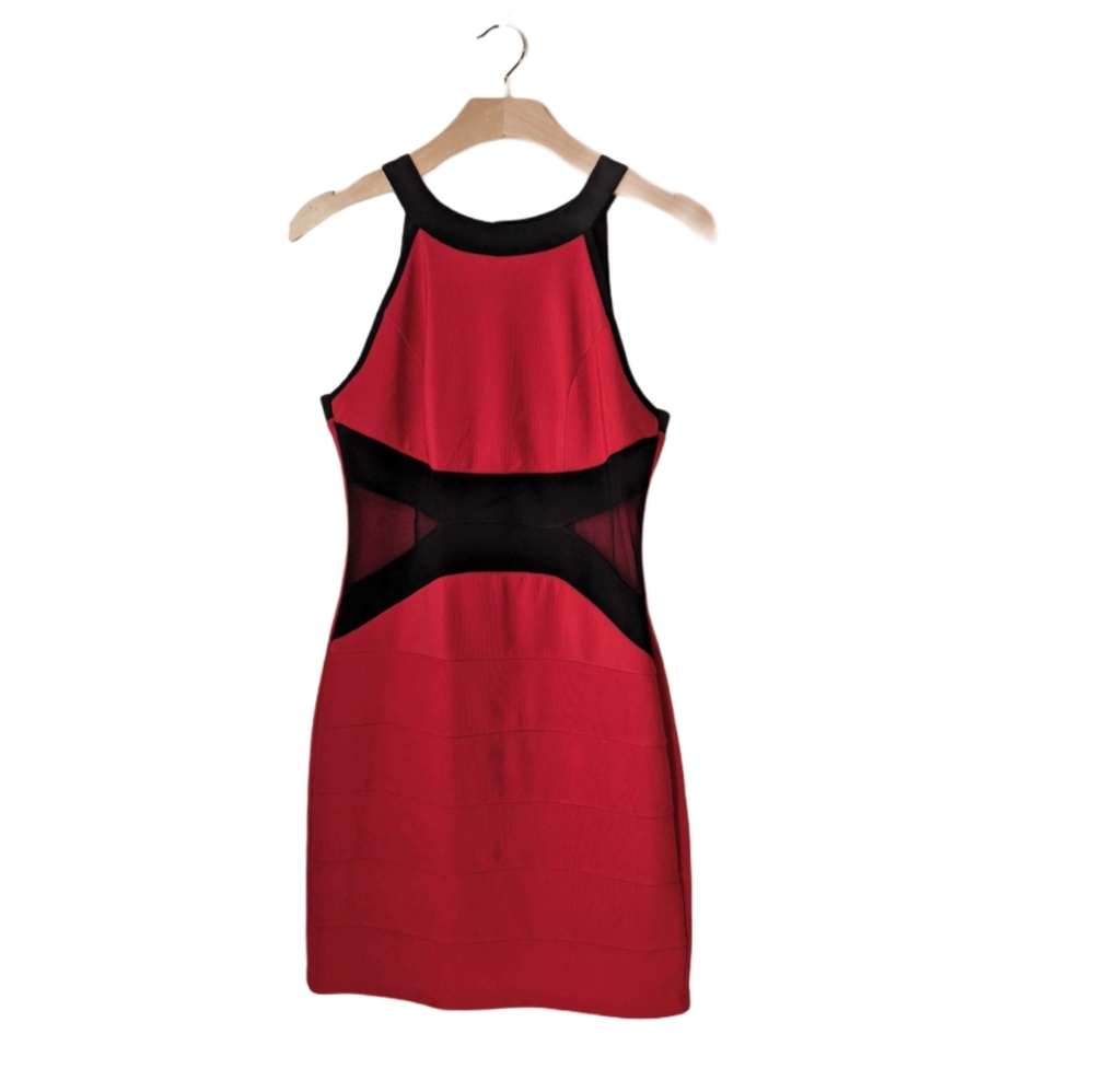 Red Black Halter Neck Mesh Mini Bodycon Dress